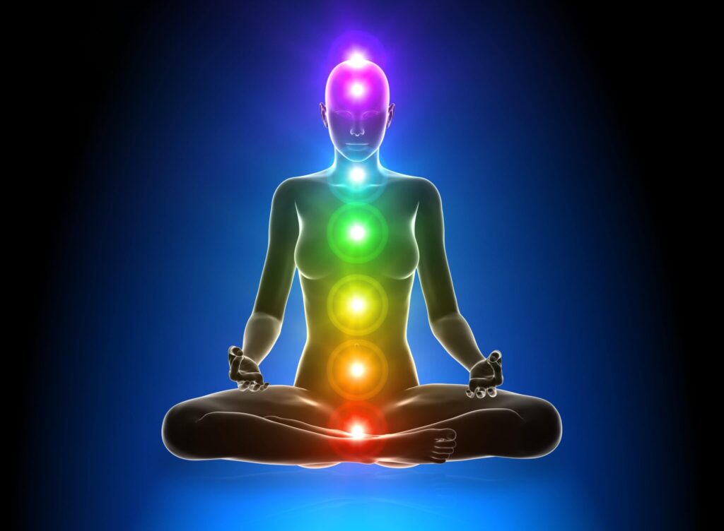 Woman meditating with chakras energetic centers for Kundalini awakening process